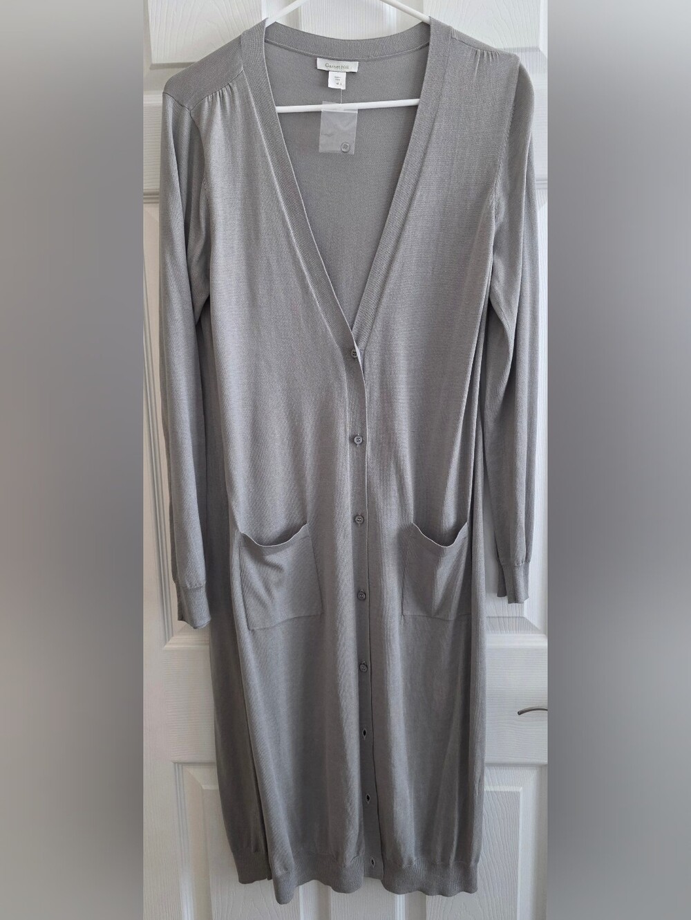 Garnet Hill Medium Cardigan Long Silk Sweater Gray Pockets Long Sleeves